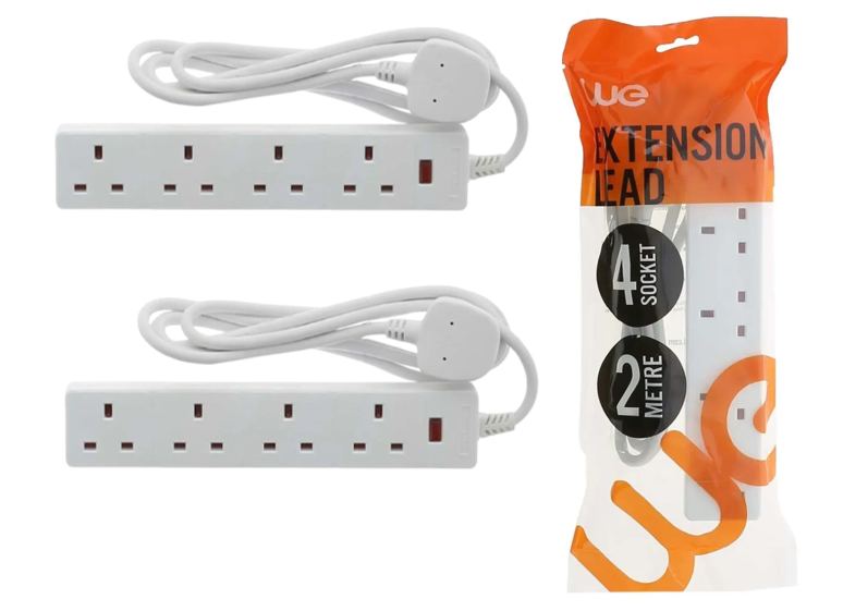 Westminster Electrical 4 Gang 13A Extension Lead | 2 Meter Length cable | 2 Pack Bundle