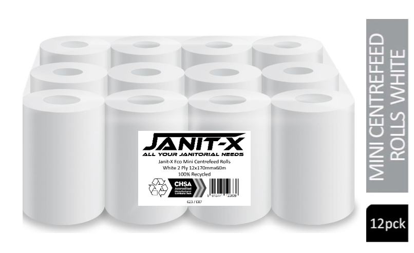 Janit-X Eco 100% Recycled Mini Centrefeed Rolls White 2 Ply 12x60m