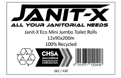 Janit-X Eco Mini Jumbo 100% Recycled 2Ply Toilet Rolls 12 x 200m, CHSA Accredited