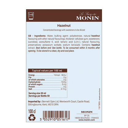 Monin Sugar Free Hazelnut Coffee Syrup 1 litre (Plastic Bottle)