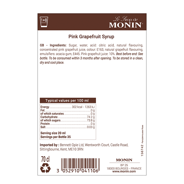 MONIN Pink Grapefruit Syrup Sweet and Juicy 700ml (Glass Bottle)