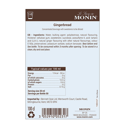 Monin Sugar Free Gingerbread Coffee Syrup 1litre (Plastic Bottle)