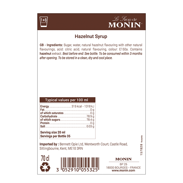 MONIN Hazelnut Cocktail Syrup 700ml (Glass Bottle)