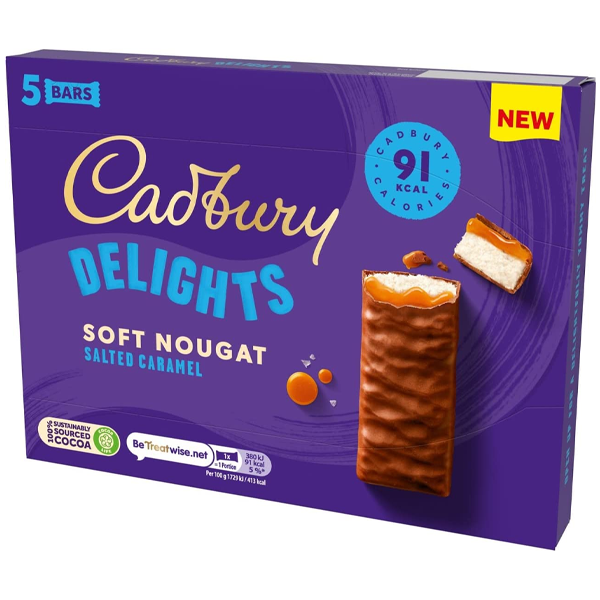 Cadbury Delights Soft Nougat Salted Caramel Chocolate Bars Pack 5