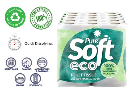 Pure Soft Eco 100% Recycled, Quick Dissolve Toilet Rolls 4 Pack