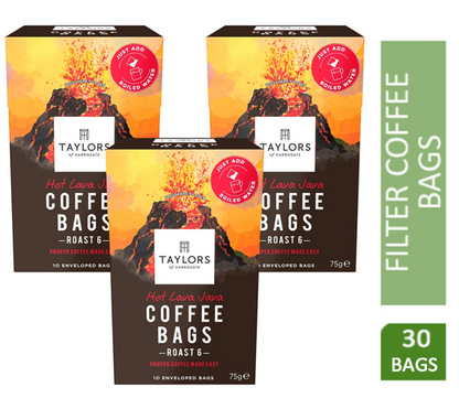 Taylors of Harrogate Hot Lava Java Coffee Bags (10 Enveloped Bags Per Pack x 3 Packs = 30 Coffee Bags)