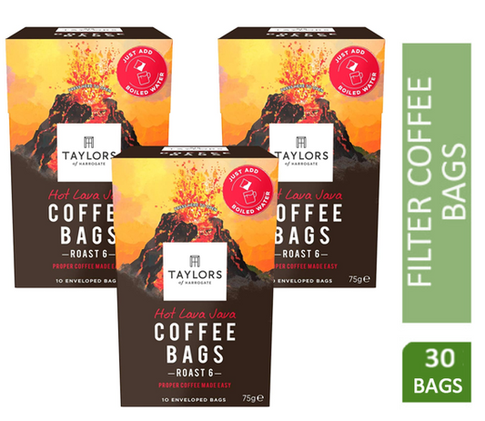Taylors of Harrogate Hot Lava Java Coffee Bags (10 Enveloped Bags Per Pack x 3 Packs = 30 Coffee Bags)