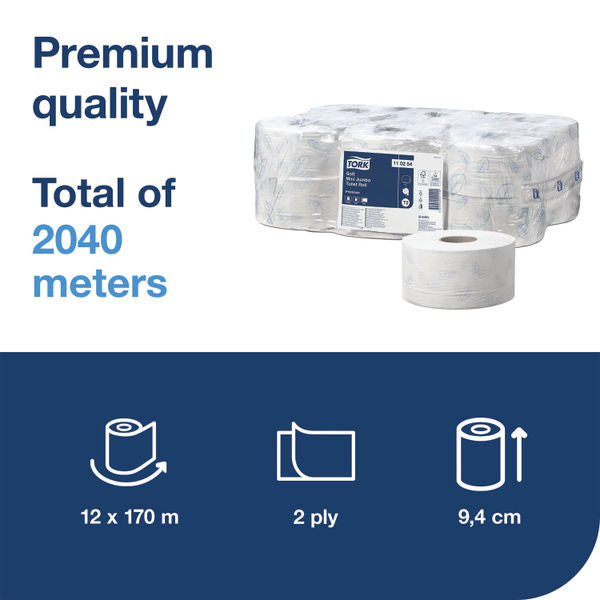 Tork T2 2 Ply Mini Jumbo Premium Toilet Roll Pack 12's {110254}