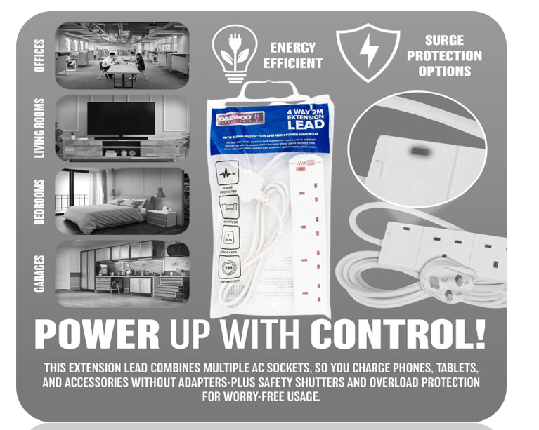 Daewoo 4 Gang 2 Metre Extension with Surge Protection