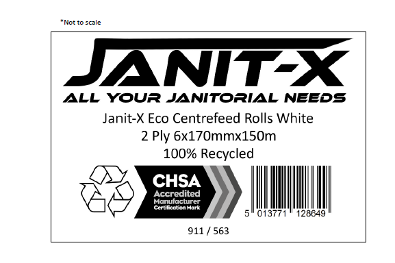 Janit-X Eco 100% Recycled XL Centrefeed Rolls White 6 x 150m CHSA Accredited