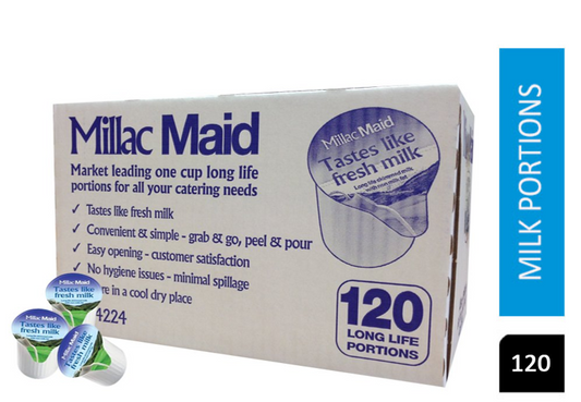Millac Maid Whole Mini Pots - Tastes Like Fresh Milk - Long Life Skimmed Milk With Non Milk Fat - Pack of 120