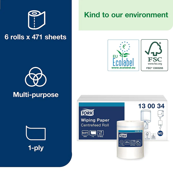 Tork 130034 M2 Wiping Paper Centrefeed Roll White 6's