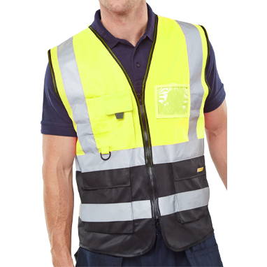 Two Tone Executive Hi-Vis Yellow / Black Waistcoat (All Sizes) - UK BUSINESS SUPPLIES