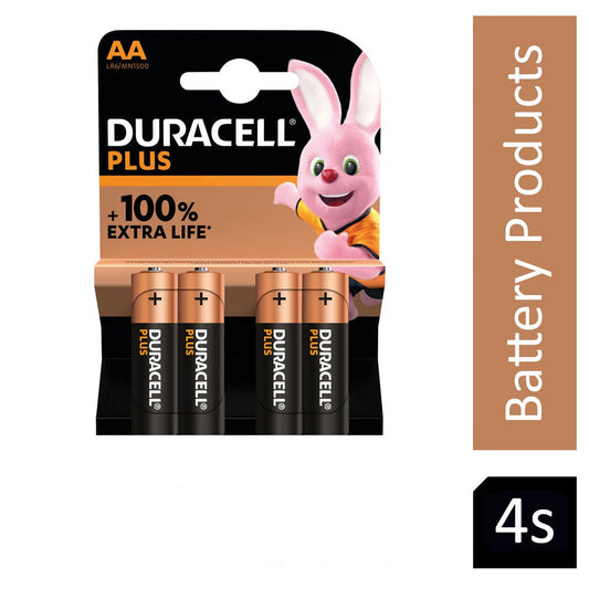 Duracell Plus AA Battery Alkaline 100% Extra Life (Pack of 4) 5009370