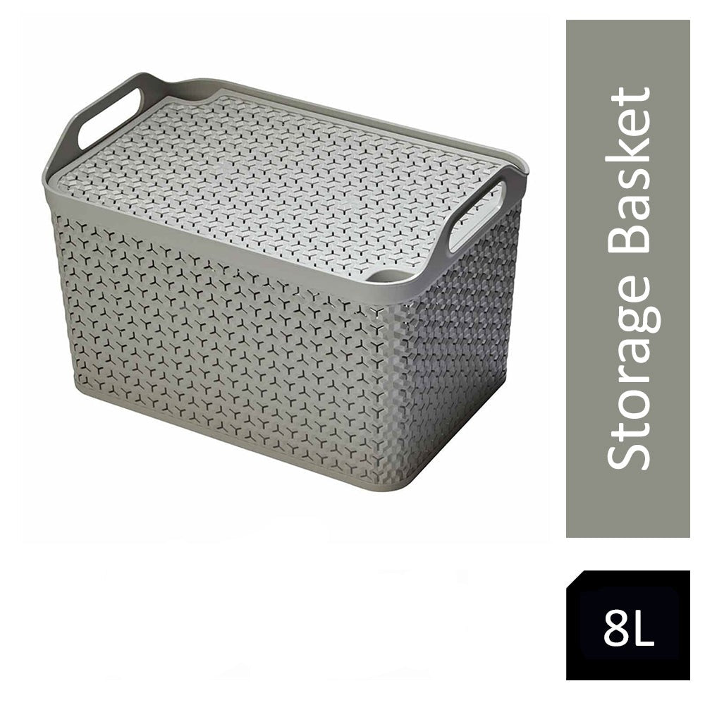 Strata Weave Baskets with Lids 8 Litre Home Multipurpose Storage Organiser - COOL GREY