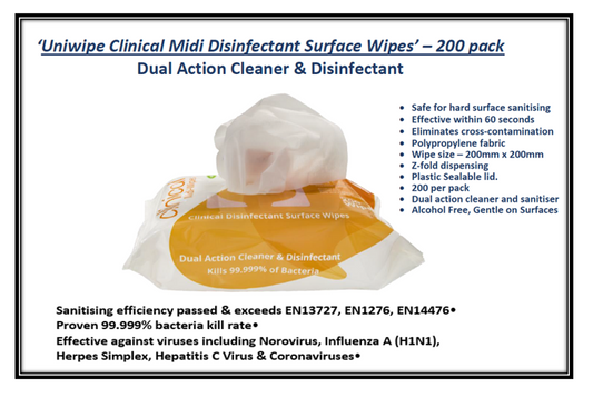 Uniwipe Large Clinical Disinfectant Surface Wipes 200's