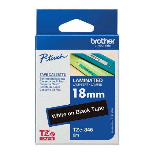 Brother P-Touch TZe Lam Tape Cassette 18mm x 8m White on Black Tape TZE345