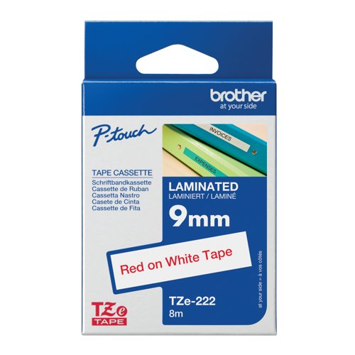 Brother P-Touch TZe Lam Tape Cassette 9mm x 8m Red on White Tape TZE222
