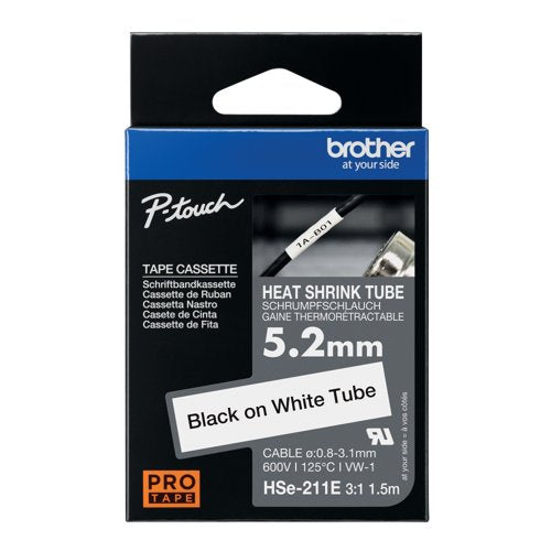 Brother HSe Heat Shrink Tube Tape Cassette 5.2mm x 1.5m Black on White HSe211E