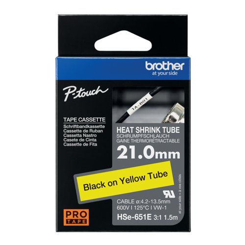 Brother HSe Heat Shrink Tube Tape Cassette 21.0mm x 1.5m Black on Yellow HSe651E