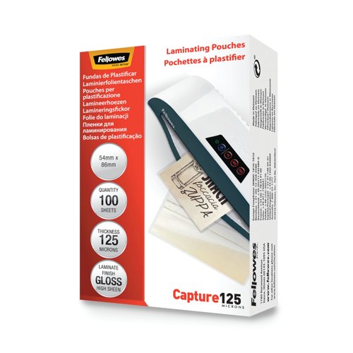 Fellowes 54x86mm Capture Gloss Laminating Pouches 250 Micron (Pack of 100) 53063