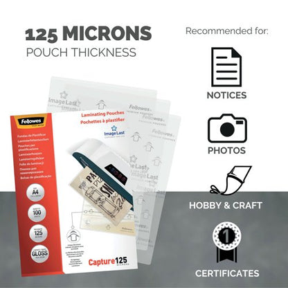 Fellowes Capture125 Laminating Pouch A4 250 Micron Total Thickness Gloss (Pack of 100) 5307401