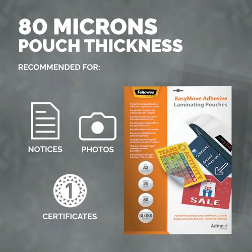Fellowes Admire EasyMove Laminating Pouch A3 160 Micron Total Thickness (Pack of 25) 5601801