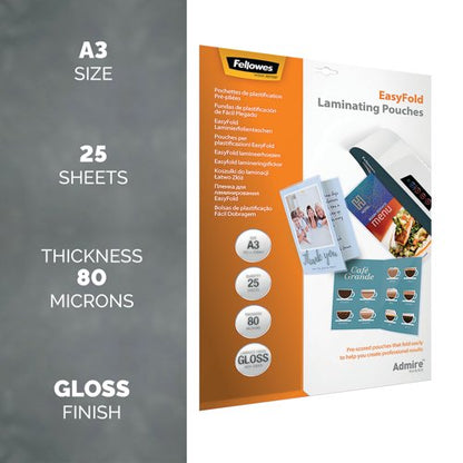 Fellowes Admire EasyFold Laminating Pouch A3 160 Micron Total Thickness (Pack of 25) 5602001