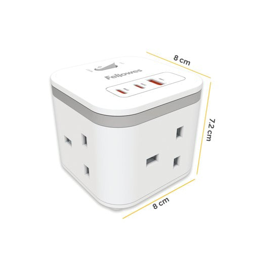 Fellowes Power Cube Type G UK/IE 3 Sockets 1 USB-A + 2 USB-C Ports White 100137166
