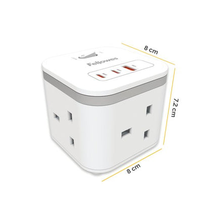 Fellowes Power Cube Type G UK/IE 3 Sockets 1 USB-A + 2 USB-C Ports White 100137166