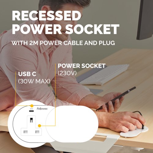 Fellowes Power Spot With 1 X Power Socket 230V + 1 Usb C 30W White