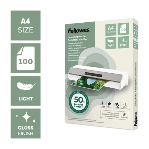 Fellowes Recycled Laminating Pouches 80 Micron A4 Gloss (Pack of 100) 100142987