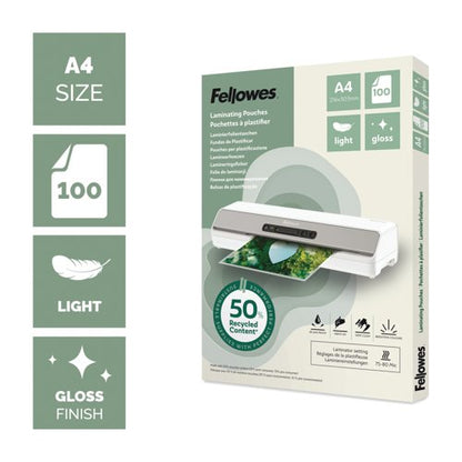 Fellowes Recycled Laminating Pouches 80 Micron A4 Gloss (Pack of 100) 100142987
