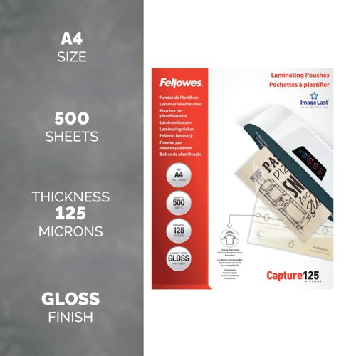 Fellowes Laminating Pouches 250 Micron Total Thickness Gloss A4 (Pack of 500) 1100144249