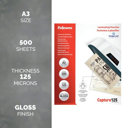 Fellowes Laminating Pouches 250 Micron Total Thickness Gloss A3 (Pack of 500) 100144250