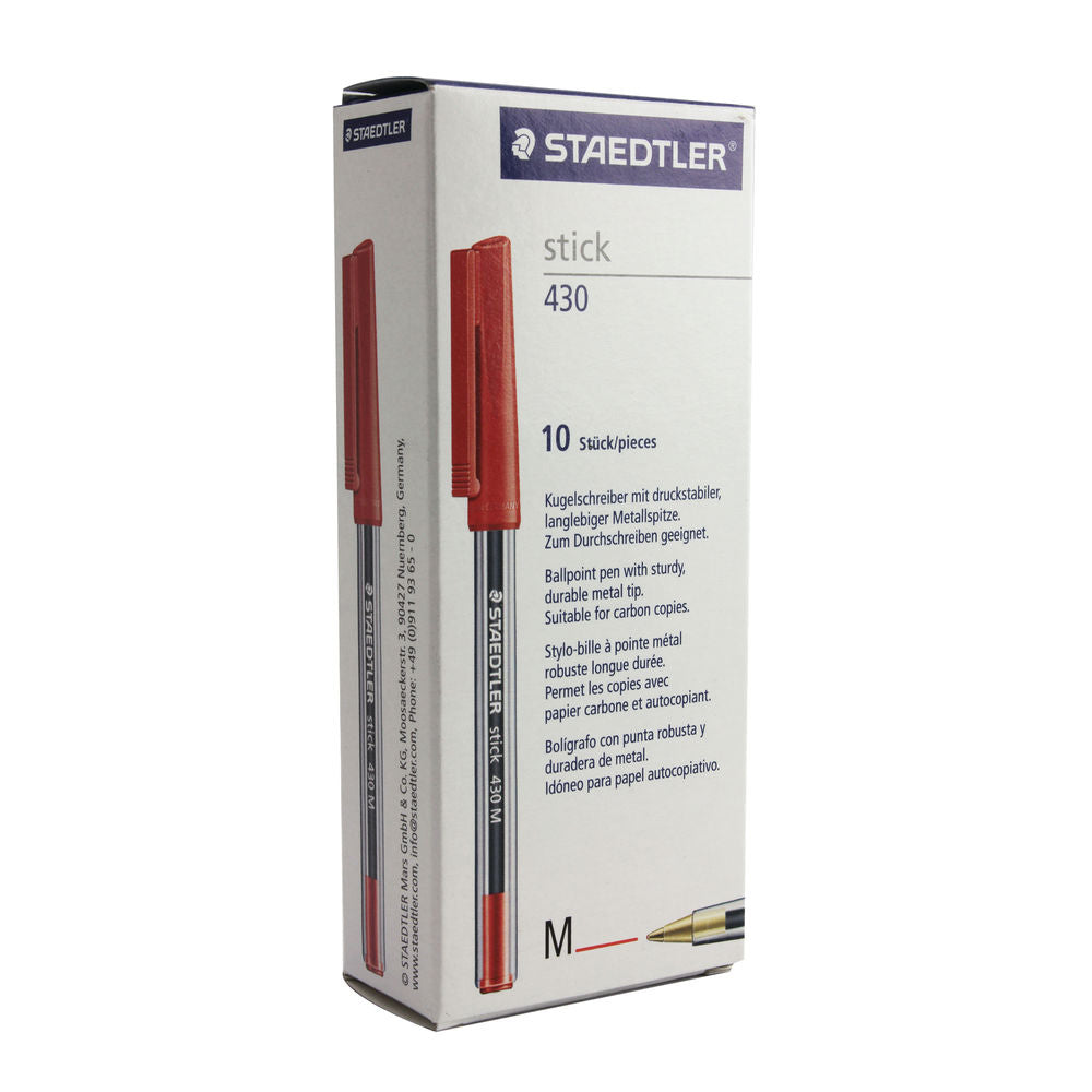 STAEDTLER Stick 430 M-2 Ballpoint Pen Medium - Red (Box of 10) - UK BUSINESS SUPPLIES
