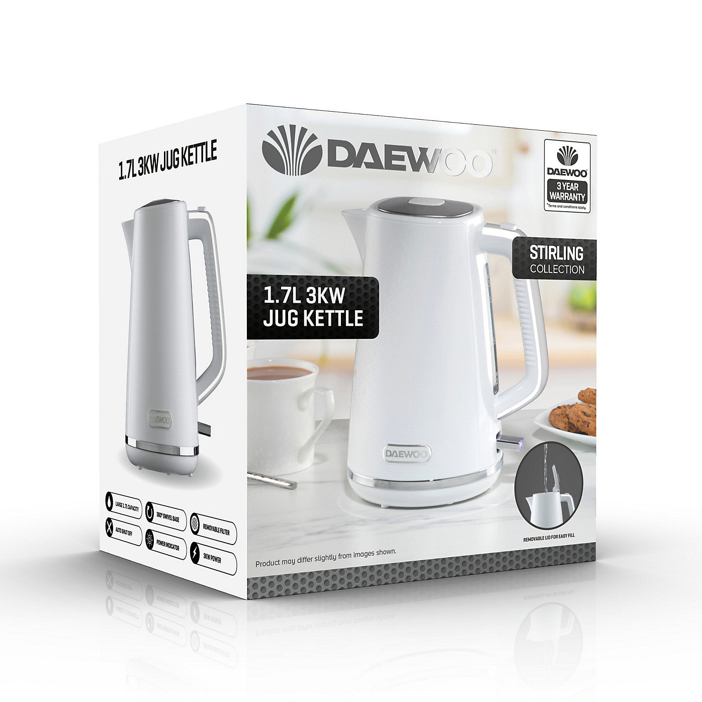 Daewoo Stirling Jug Kettle | 1.7Litre | Cordless Swivel Base | 3KW with Rapid Boil |  White