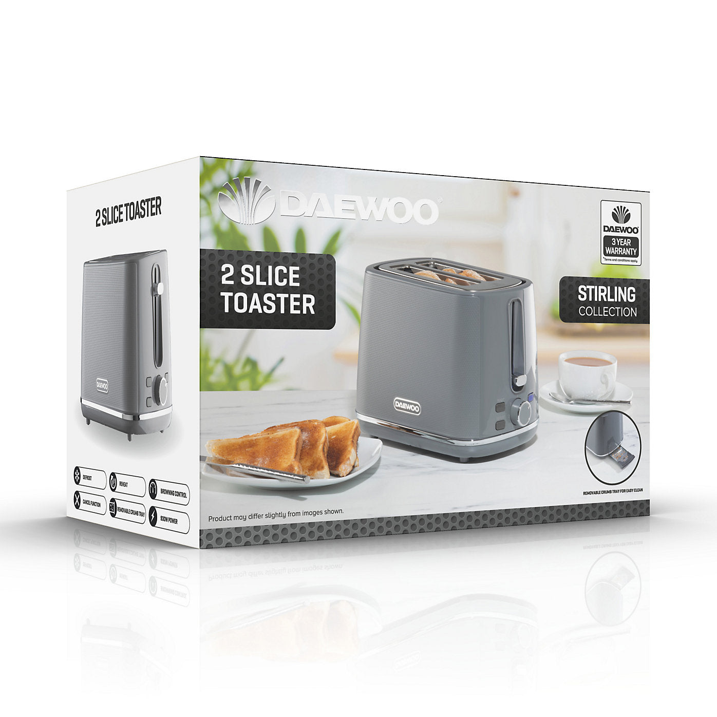 Daewoo Stirling Two Slice Toaster | Reheat & Defrost | 7 Browning Functions | Grey