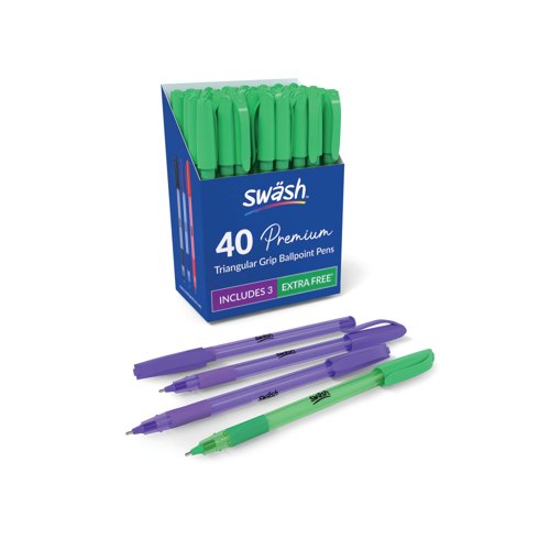 Swash Triangular Ballpoint Pens with Rubber Grip 40 Green + 3 Purple (Pack of 43) BBT40GN