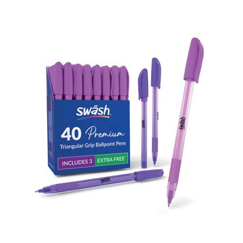 Swash Triangular Ballpoint Pens with Rubber Grip 40 Pink + 3 Purple (Pack of 43) BBT40PK