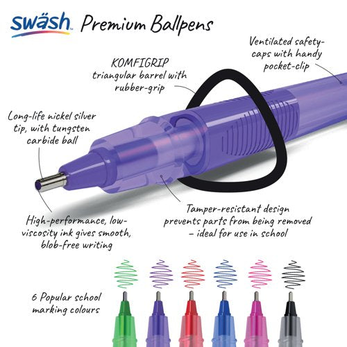 Swash Triangular Ballpoint Pens with Rubber Grip 40 Pink + 3 Purple (Pack of 43) BBT40PK