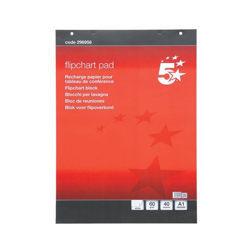 5 Star Flipchart Pad Plain Perforated Punched 2 Holes 40 Sheets 70gsm A1 (Pack of 5) 296956