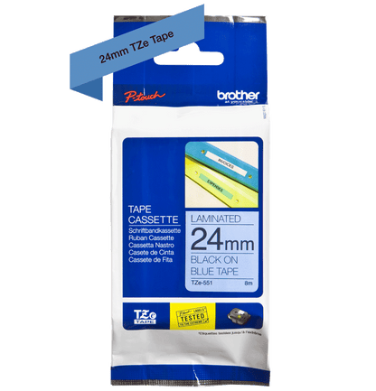 Brother Glossy Black On Blue Label Tape 24mm x 8m - TZE551