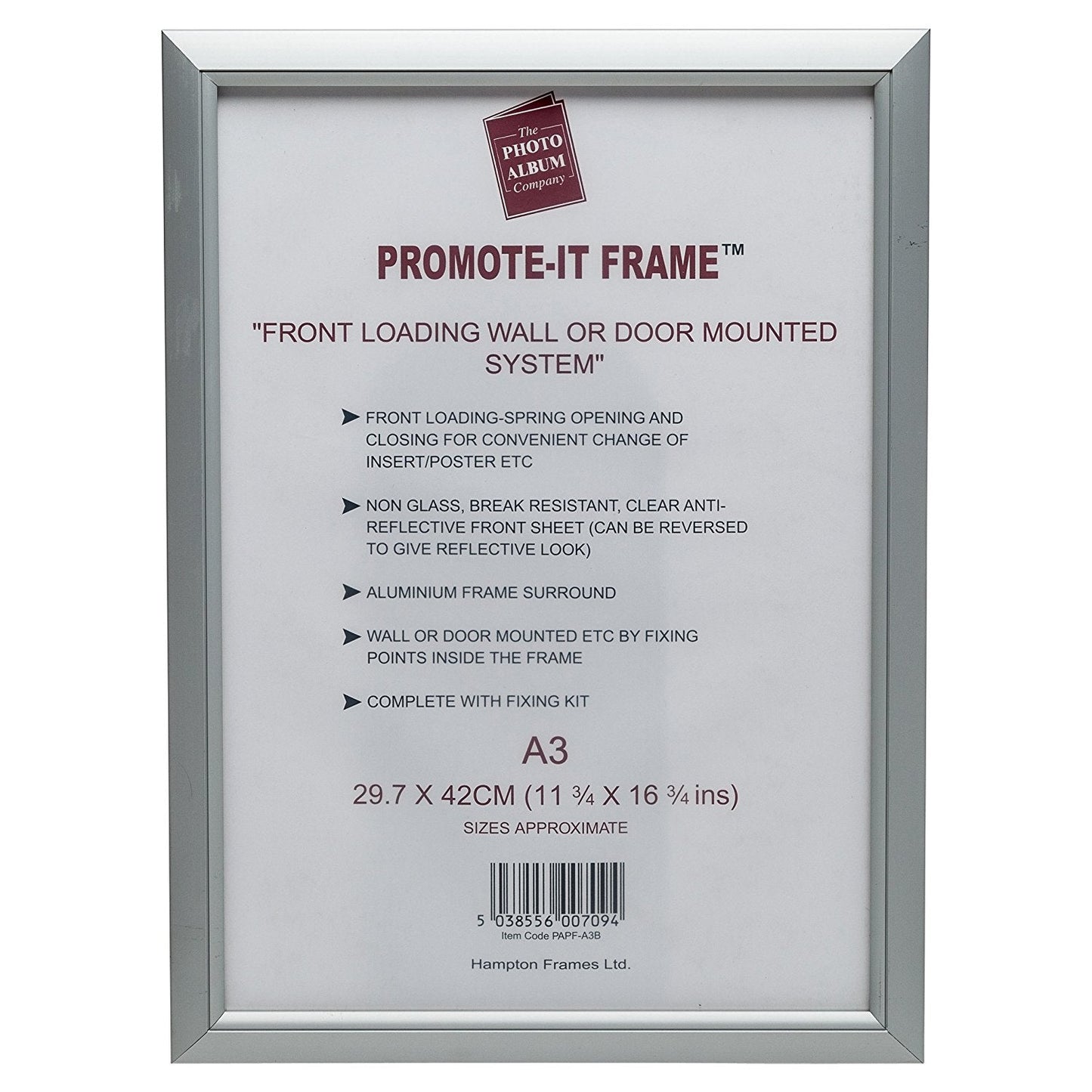 Photo Album Co Poster/Photo Snap Frame A3 Aluminium Frame Plastic Front Silver - PAPFA3B