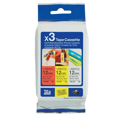 Brother PTouch Ribbon 12mm x 8m 3 Pack Value Pack Labelling Tape- TZE31M3