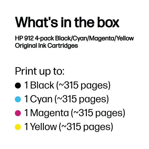 HP 912 Original Ink Cartridge 2.93/8.29-ml CMYK 4-pack 6ZC74AE