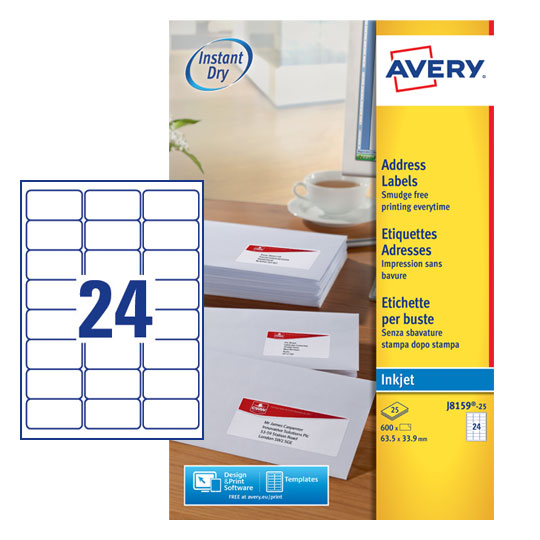 Avery Inkjet Address Label 63.5x34mm 24 Per A4 Sheet White (Pack 600 Labels) J8159-25 - UK BUSINESS SUPPLIES