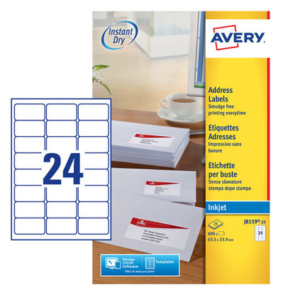 Avery Inkjet Address Label 63.5x34mm 24 Per A4 Sheet White (Pack 600 Labels) J8159-25 - UK BUSINESS SUPPLIES