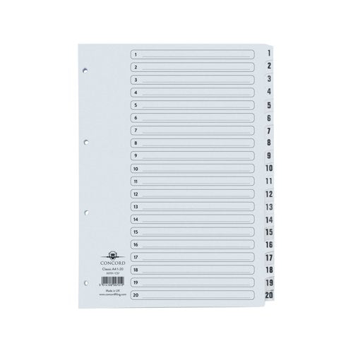 Concord Classic Index 1-20 A4 White Board With Clear Mylar Tabs 00701/CS7