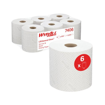 Wypall L10 Service/Retail Wiping Paper Roll 1-Ply White Pack of 6 7406
